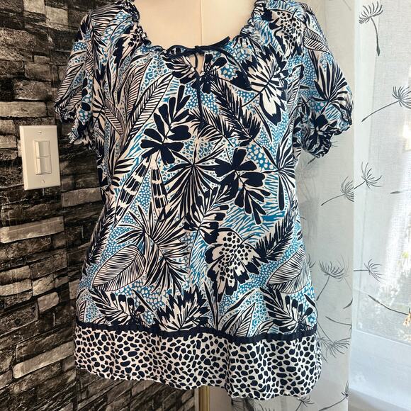 CLEARANCE Peaches Top Leopard Trim Short Elastic Sleeves & Neck Pockets Tie Back - Picture 1 of 10